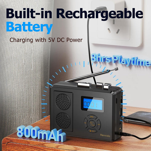 Hernido Cassette Player/MP3 Portable Tape Player, FM Radio/USB Digital Converter, Built-in Dual Stereo Speaker