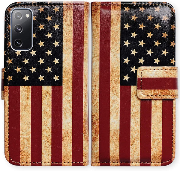 Galaxy S20 FE 5G Case, Retro American Flag Leather Flip Wallet Cover with Card Slot Holder