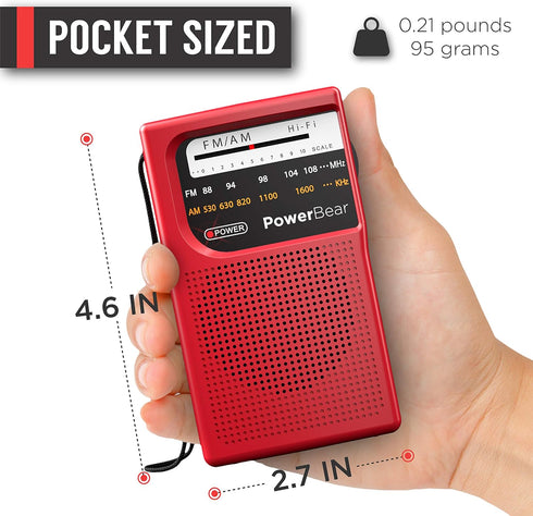 PowerBear Portable Radio | AM/FM, 2AA Battery Operated with Long Range Reception (Red)