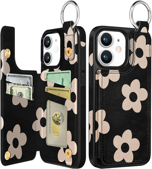 Shorogyt Wallet Case for iPhone 12, Designer Black Flower Pattern Kickstand Magnetic Clasp Back Flip Folio Leather Case