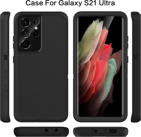 MXX Case Compatible with Galaxy S21 Ultra, 3-Layer Heavy Duty Body Bumper Cover, Shock Protection, Dust Proof (Black)