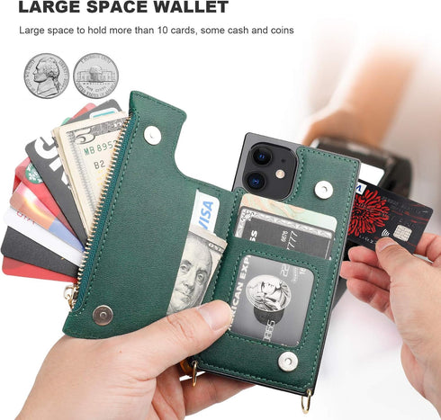 Bocasal Crossbody Wallet Case for iPhone 12/12 Pro, Zipper Card Slot Protector, Shockproof Purse Cover with Removable