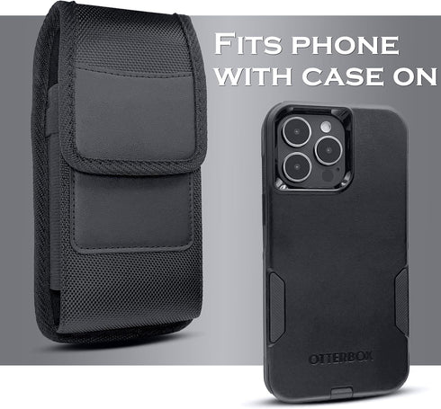 Cell Phone Holster Case for iPhone 15, 15 Pro 14, 14 Pro 13, 13 Pro 12, 12 Pro, 11, XR, XS 10 with Otterbox Case, Cell Phone Belt Holder for Men, iPhone Case with Card Slot and Belt Clip, Black