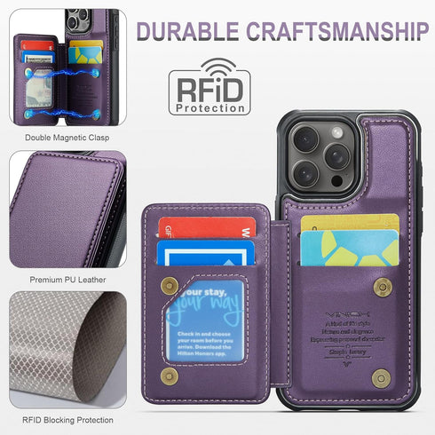 iPhone 15 Pro Max Case - Purple Wallet with Card Holder, RFID Blocking, Shockproof Kickstand for Men & Women. Durable!
