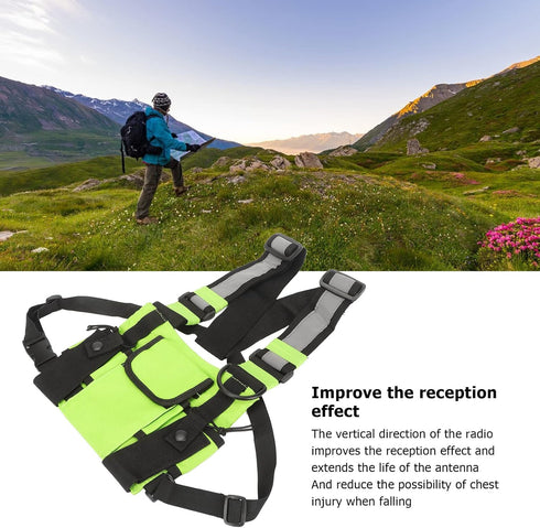 Radio Chest Harness Bag, Universal Two Way Adjustable Oxford Cloth Radio Vest Rig with Front Pack Pouch, Fruit Green