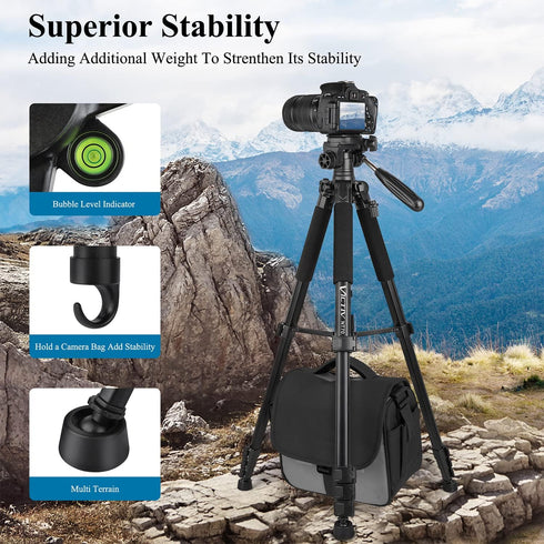 VICTIV 74” Camera Tripod, Heavy Duty Aluminum Stand for Camera and Phone, Compatible with DSLR, Carry Bag Included