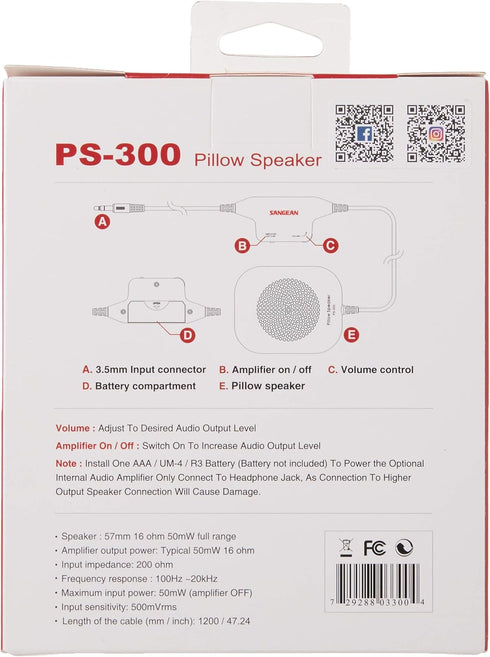 Sangean PS-300 Pillow Speaker with In-line Volume Control and Amplifier (White)