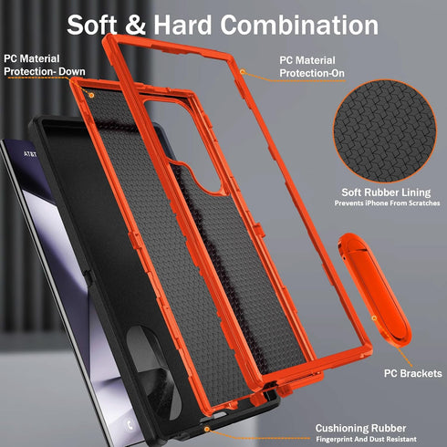 BaHaHoues Samsung Galaxy S24 Ultra Case - Shockproof Military Grade Cover with Kickstand (Black/Orange) 5G