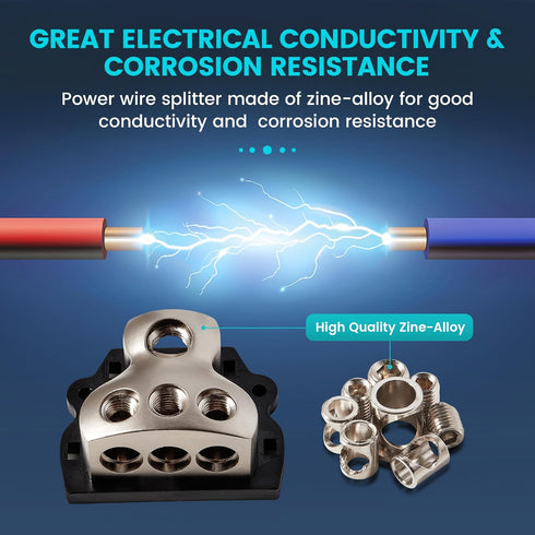 3 Way Power Distribution Block Zinc-Alloy, 0/2/4 Gauge in 4/8 Gauge Out, Auto Car Audio Distribution Connecting Block