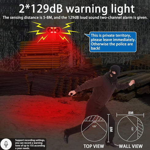 Solar Outdoor Motion Sensor Alarm, Motion Detector Alarm with 129dB Loud Noise Maker, USB for Home Security