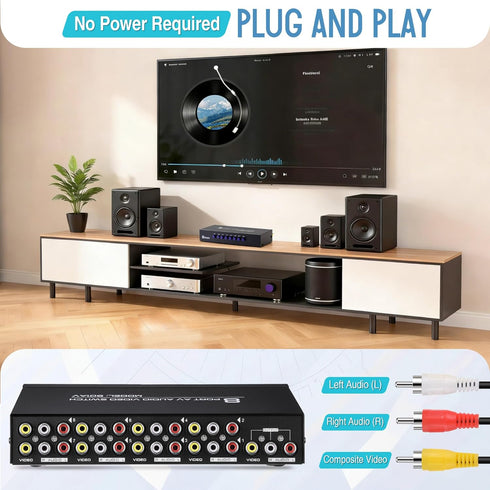 Gulfmew 8 4 8 1 8 Way AV Switch, RCA Switcher with FT RCA Cable, in Out Composite Video L/R Audio Selector Box, Port AV