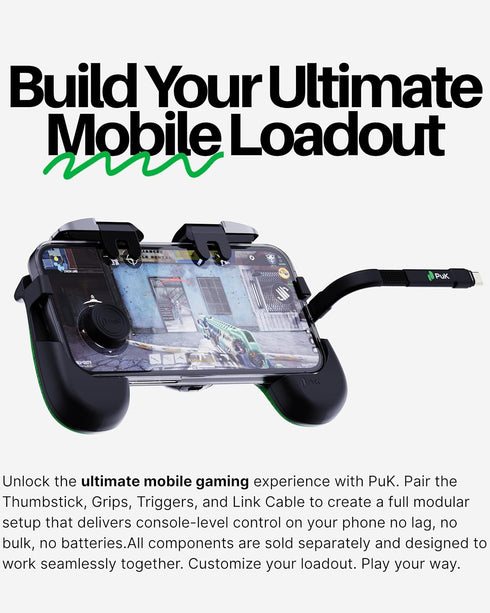 PUK Phone Gaming Grip - Black & Green Ergonomic Mobile Game Handle with Adhesive Pads - Mobile Game Controller Grip