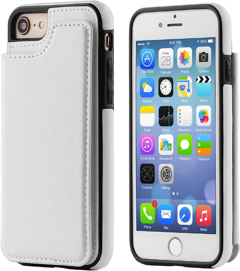 ONETOP Wallet Case for iPhone SE(2022) SE(2020) 7/8, Premium PU Leather with Card Holder, Kickstand, White