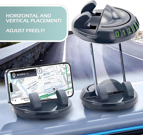 DACIRTY 360 Dashboard Cell Phone Holder with Parking Number Plate, Degree Rotating Adjustable Spring Clamped Plastic