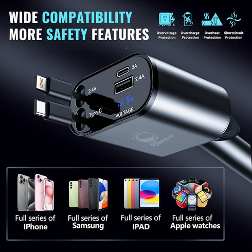 4 in 1 Fast Car Charger - 66W with 2 Retractable Lightning Cords, USB-A & USB-C Ports for iPhone 15/14/13/12, Galaxy,