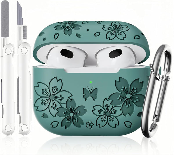 Silicone Case for AirPods 3rd Generation with Butterfly Flowers Engraved Design, Cleaner Kit & Keychain, Green