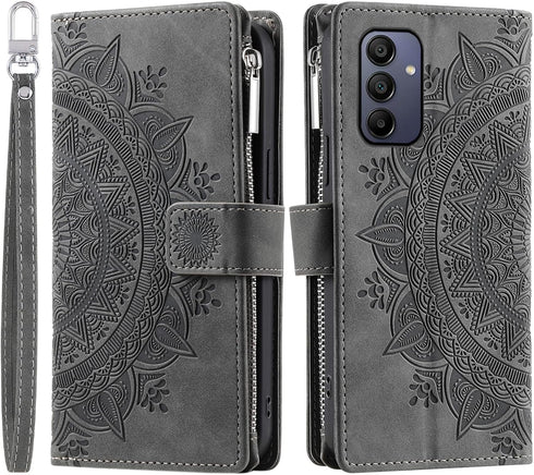 Asuwish Galaxy A15 5G Wallet Case with Tempered Glass, Wrist Strap, Mandala Flower, Credit Card Holder, Grey.