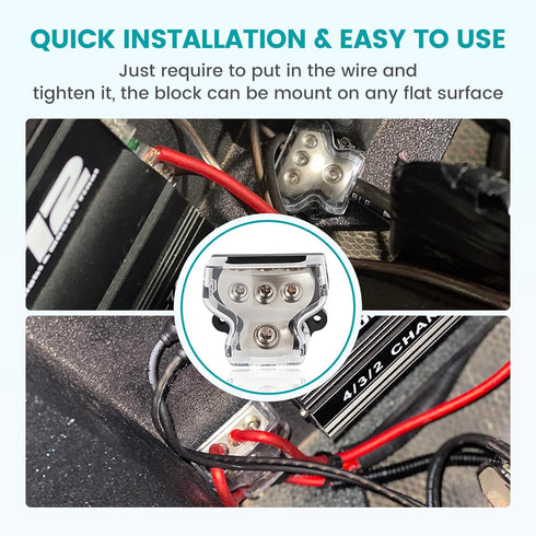 3 Way Power Distribution Block Zinc-Alloy, 0/2/4 Gauge in 4/8 Gauge Out, Auto Car Audio Distribution Connecting Block