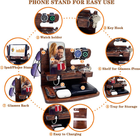 Gifts for Men Women Dad Husband Boyfriend, Wood Phone Docking Station Nightstand Organizer for Mother's Day, Father's