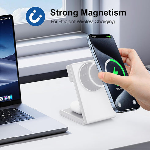 Wireless Charging Station with 20W USB C Adapter, 3 in 1 Magnetic Foldable Travel Charger Stand for iPhone 12 13 14 15