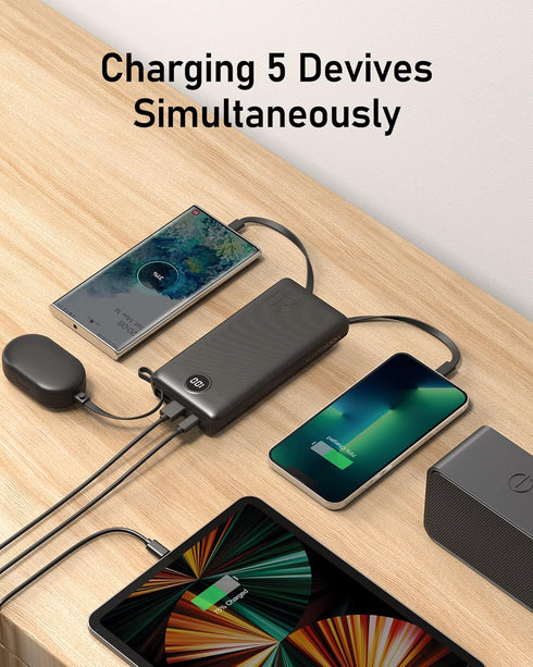 VEEKTOMX 20000mAh Power Bank with Built-in Cables, Portable Charger for iPhone, USB C LED Display External Battery