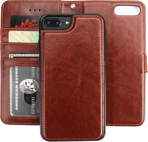 Bocasal PU Leather Wallet Case for iPhone 7/8 Plus with Card Holder, Magnetic Kickstand, Wrist Strap, Removable Flip