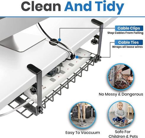 Under Desk Cable Management Tray - 16” No Drill Cord Organizer with Clamps for Wire Management, Pack of 1