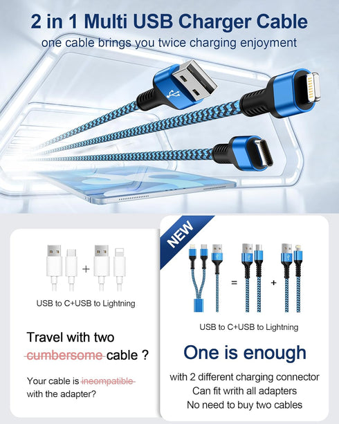Multi USB Charging Cable USB to USB C and Lightning Cable, 4ft Braided 2 in 1 Fast USB Cable with Type C/Lighting Port for iPhone 15 Pro Max 14 13 12 XR Samsung Google iPad Multiple Phone Charger Cord
