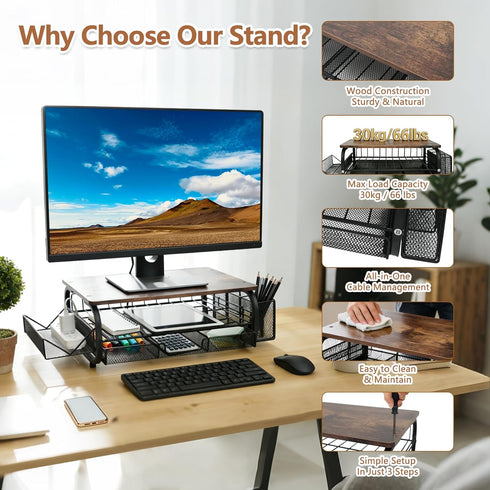 (2-Tier Management,66LBS/30KG, Desk Organizers and Accessories Monitor Riser, Monitor Stand with Drawer Drawers)