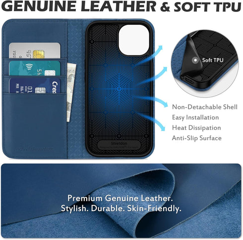 SHIELDON 15 2023, 15 6.1" Case for iPhone Genuine Leather Wallet Foldable Case with Kickstand RFID Blocking Card Holder