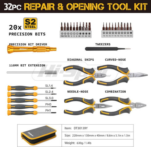 Hi-Spec 32pc Electronics Repair & Opening Tool Kit Set for Laptops, Phones, Devices, Precision Screwdrivers