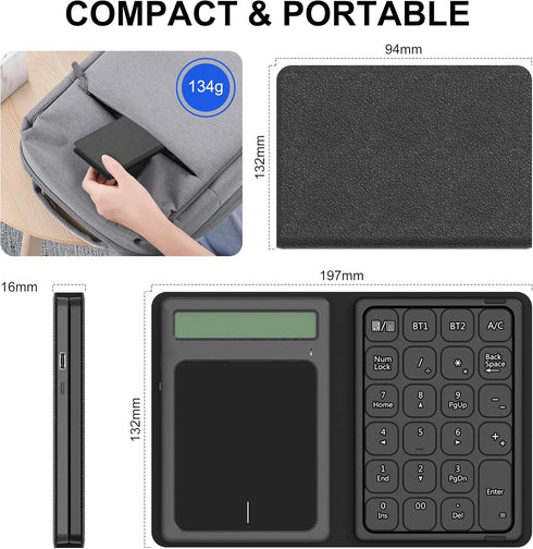 Tioleje 23-Keys, 3 1 Bluetooth Number Pad Touchpad with Calculator - Rechargeable Folding Portable Wireless Numeric