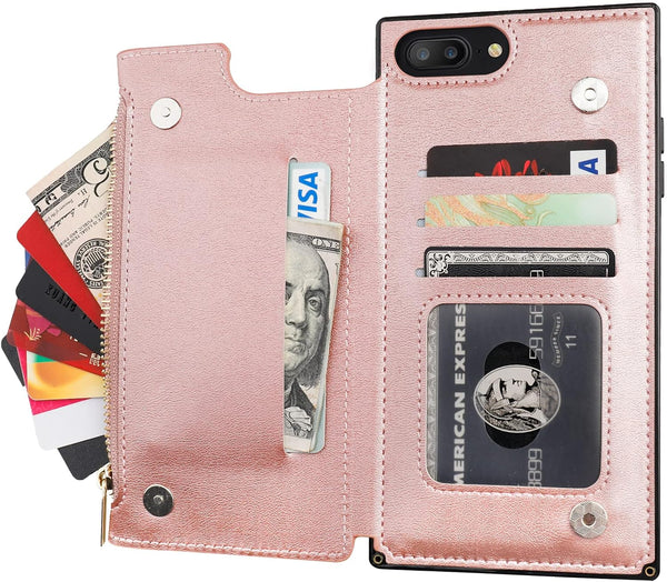 Bocasal Wallet Case for iPhone 7 Plus/8 Plus, 5.5 Inch, Rose Gold, 3 Card Slots, Cash Holder, Zipper Design, Magnetic