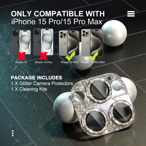 Choiche Compatible for iPhone 15 Pro/iPhone 15 Pro Max Camera Lens Protector, Bling Camera Cover with 9H Tempered Glass Lens Screen Protector Metal Ring Decoration Accessories (Glitter-Titanium Gold)