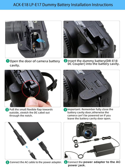 TKDY Dummy Battery ACK-E18 Power Supply Kit for Canon R50, R100, R8, R10, RP, Rebel Cameras