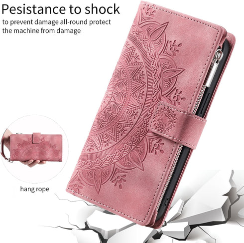 Asuwish Wallet Case for Samsung Galaxy S9 Plus - Mandala Flower, Zipper Card Holder, Tempered Glass, Wrist Strap, Rose