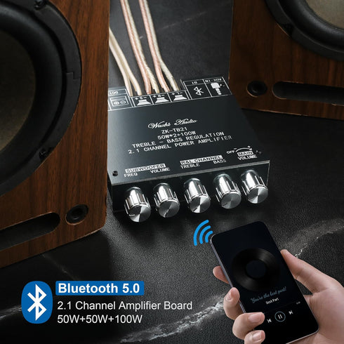 Wuzhi Audio ZK-TB21 50W+50W+100W 2.1CH 5.0 (ZK-TB21) Bluetooth Subwoofer Amplifier Board Bass/Treble Control, AUX/USB