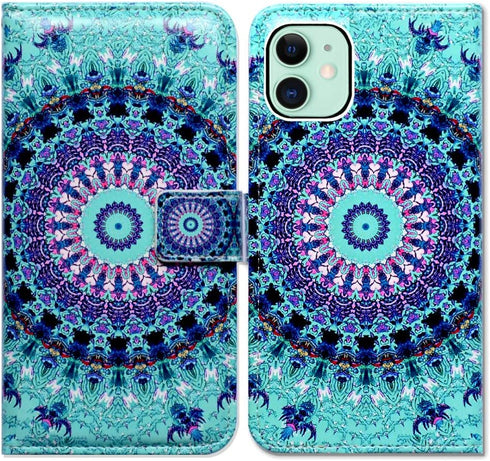 Green Mandala Design Case for iPhone 11, Flip Leather Wallet Cover with Credit Card Slot and Kickstand