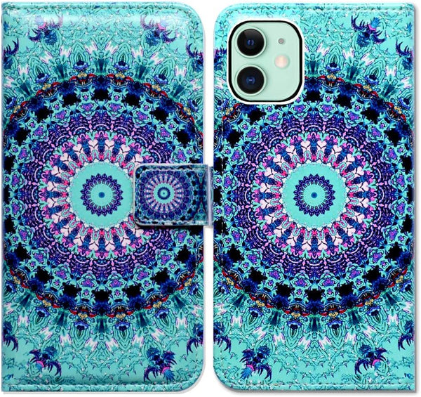 Green Mandala Design Case for iPhone 11, Flip Leather Wallet Cover with Credit Card Slot and Kickstand