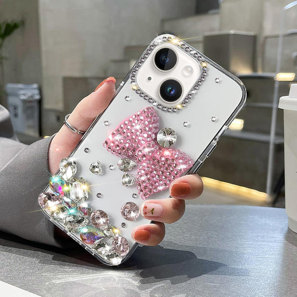 iPhone 15 Case - Pink Bling Diamond Glitter Rhinestone, 3D Bowknot, Cute Sparkly Gem, Luxury Fashion, Clear Protective.