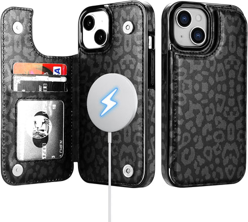HAOPINSH for iPhone 15 Case Wallet Compatible with MagSafe Wireless Charging, Black Leopard