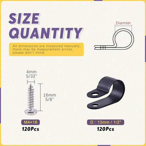 Swpeet 120 Pack Black 1/2 Inch Nylon Plastic R-Type Cable Clips, Screw Mounting Fastener Clips with 120 Screws