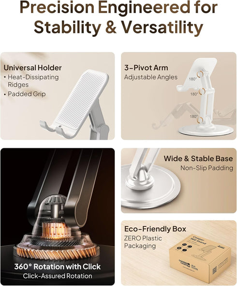 Cooper 360° Stand - Adjustable Cell Phone Stand for Desk, 360° Click-Rotating, Multi-Angle, Portable, Cream White