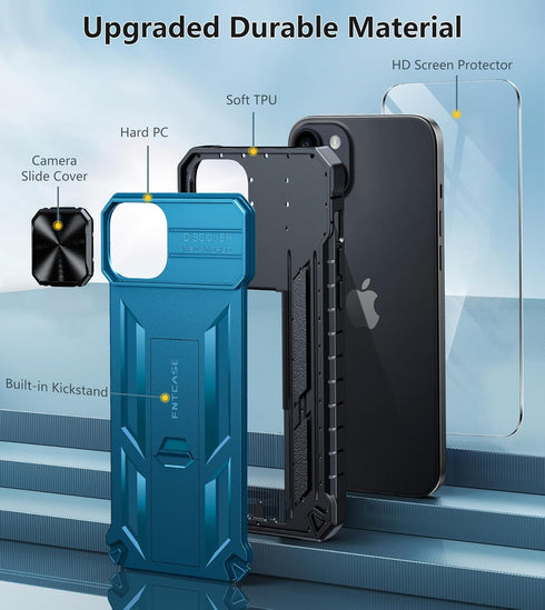 FNTCASE iPhone 15 Plus Case: Rugged Heavy Duty Shockproof Cover with Kickstand | Military Grade Drop Proof Blue TPU