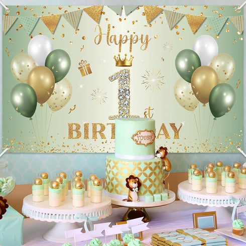 Happy 1st Birthday Banner Sage Green Gold, BTZO 1st Birthday Backdrop for Newborn Boys Girls Decorations