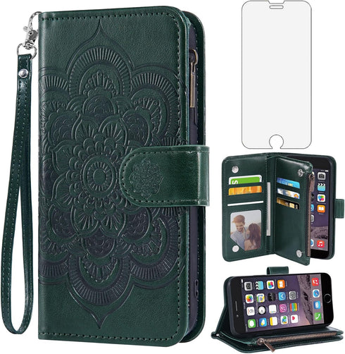 Asuwish iPhone 6 6s Wallet Case with Flip Card Holder & Tempered Glass Protector - Dark Green for Men & Women.