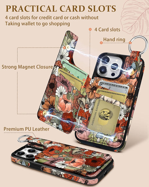 Shorogyt Wallet Case for iPhone 13 Pro, Card Holder, Designer Mushroom Flower Pattern, Magnetic Clasp Flip Folio