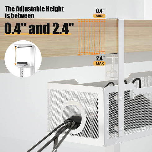 Under Desk Cable Management Tray White, Cinati Cable Management Under Desk No Drill, Cable Tray with Clamp for Desk Wire Management,Desk Cable Management Box for Office, Home - No Damage to Desk