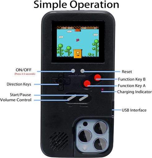 WeLohas Gameboy Case for iPhone 13/13 Pro, Handheld Retro 168 Classic Games, Color Video Display Game Case, Black