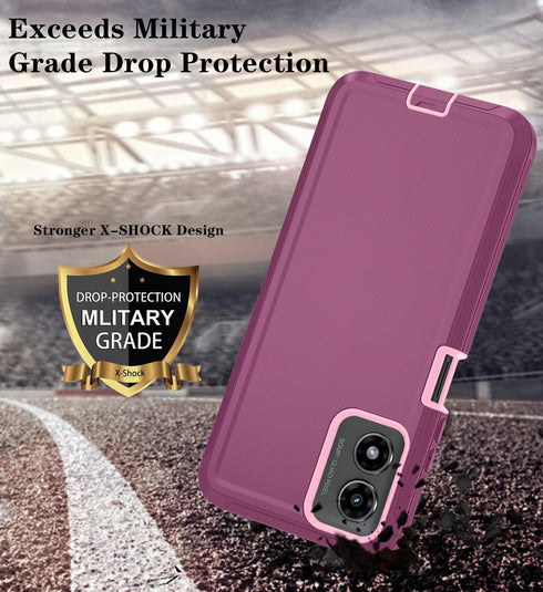 Qinmay Shockproof 3-Layer Case for Motorola Moto G Play 2024, with HD Screen Protector (Wine Red Pink)